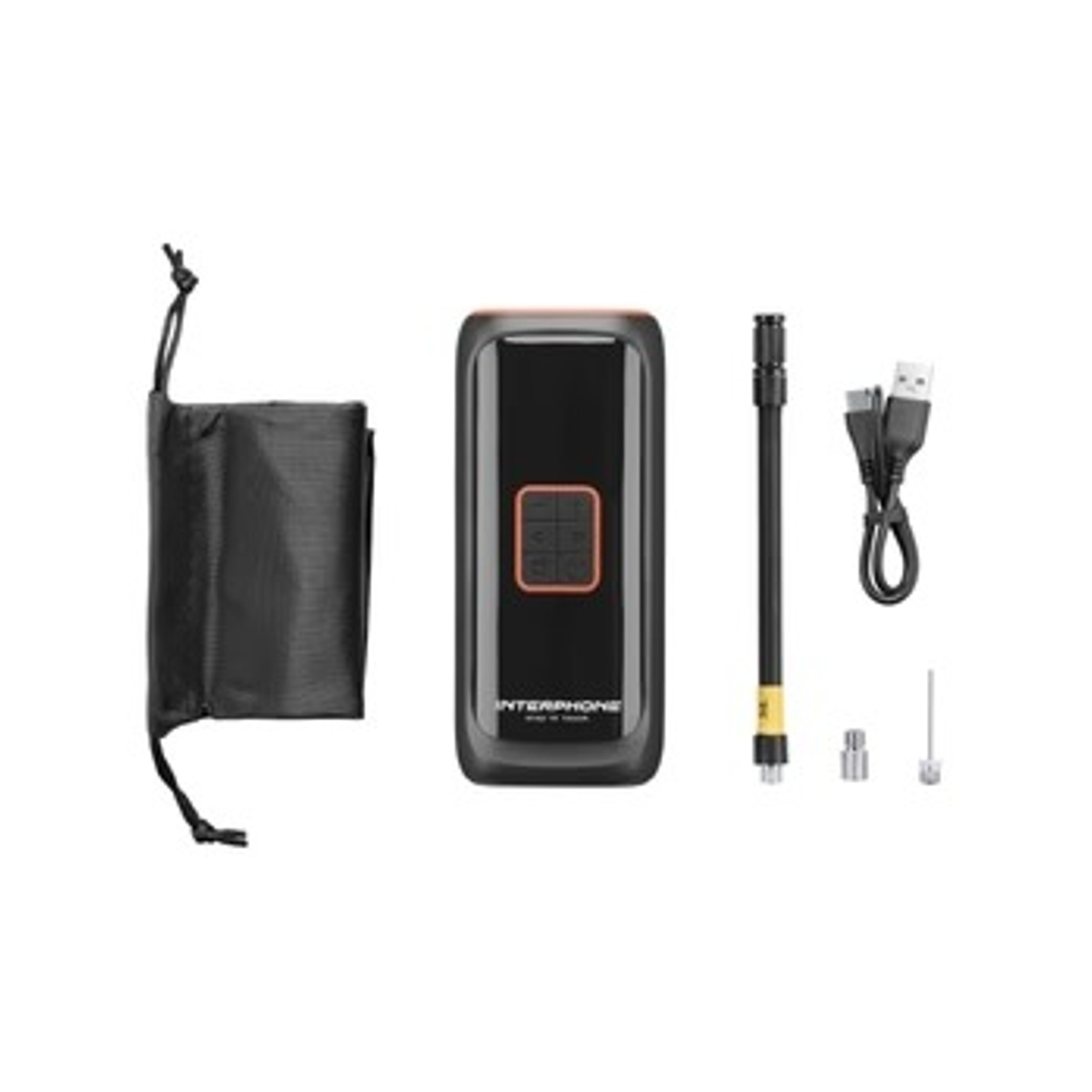 Compressore d'aria portatile nero con accessori: tubo, cavo, aghi e borsa.
