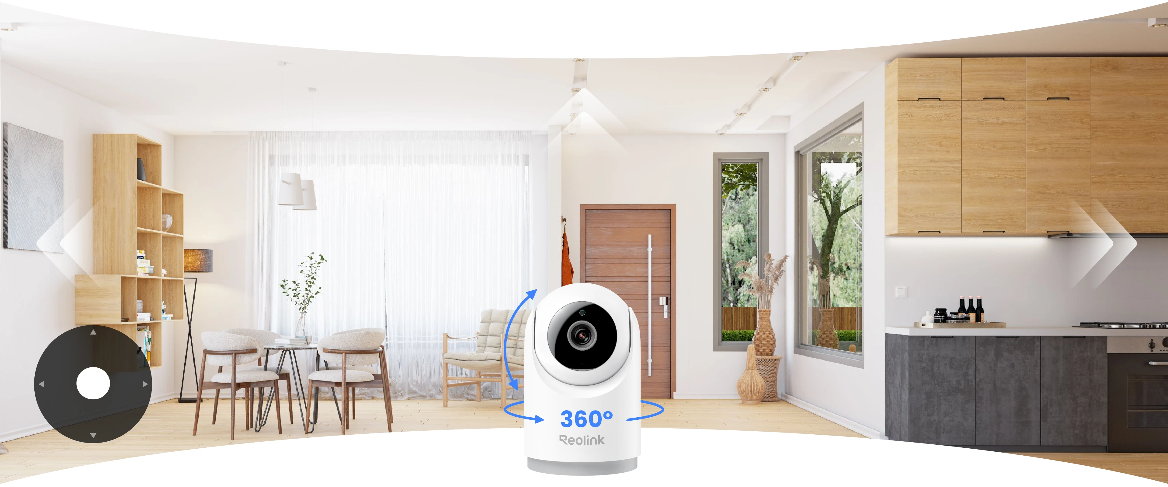 Egy fehér Reolink kamera 360°-os nézetet mutat modern nappaliban és konyhában.