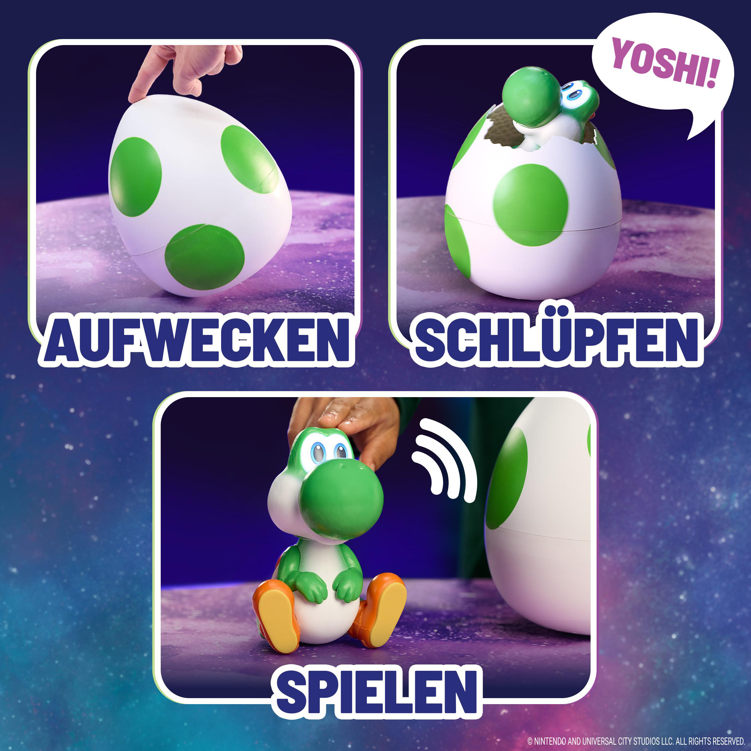 Yoshi schlüpft aus seinem Ei. Ein Spielzeug wird gezeigt.