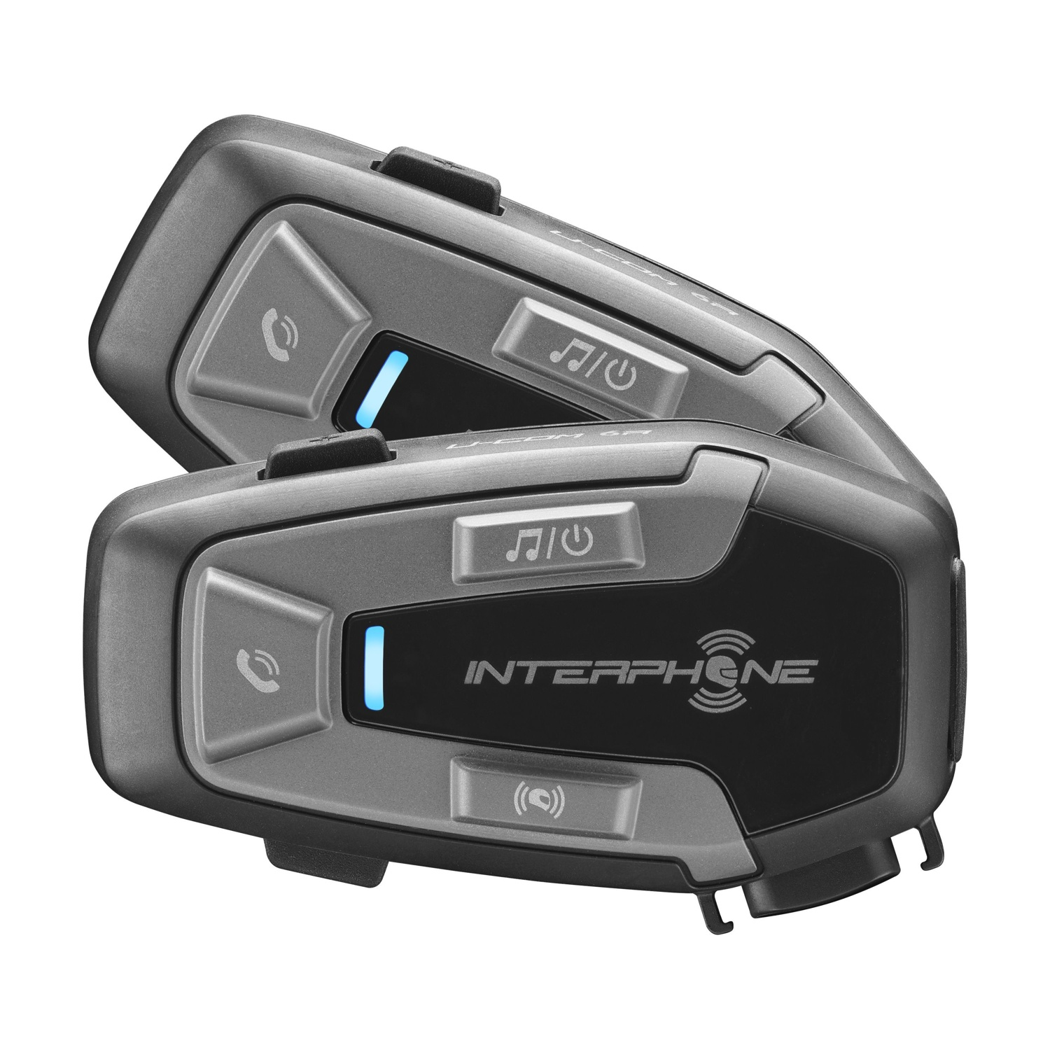 Due dispositivi intercom per casco da moto grigi con pulsanti e luci blu.