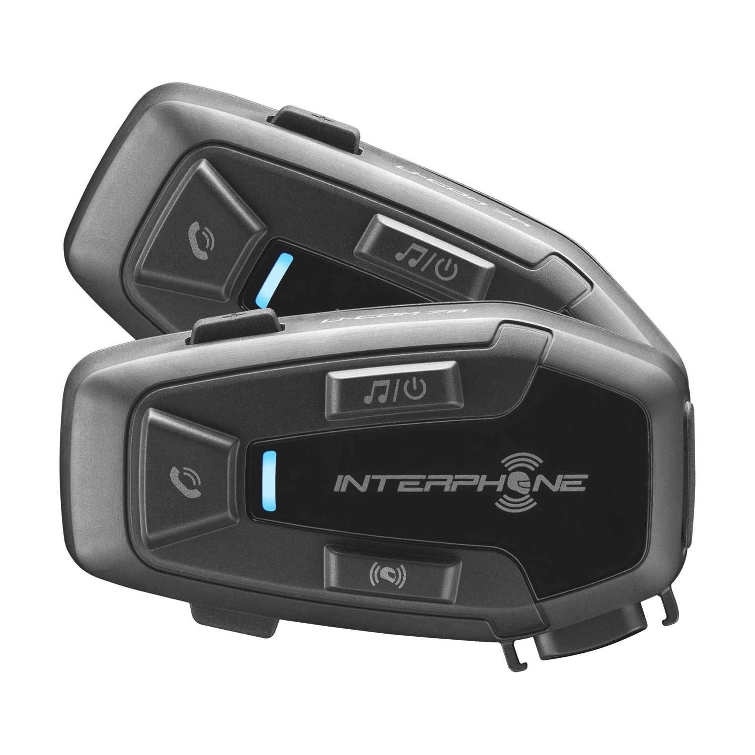 Due auricolari Bluetooth per moto grigi uno accanto all'altro con luci blu.