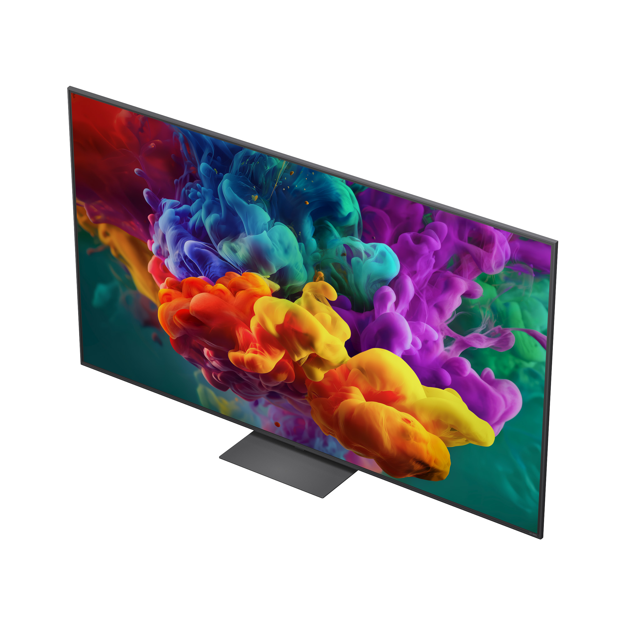 Un televisor moderno con pantalla de humo colorida y base delgada.