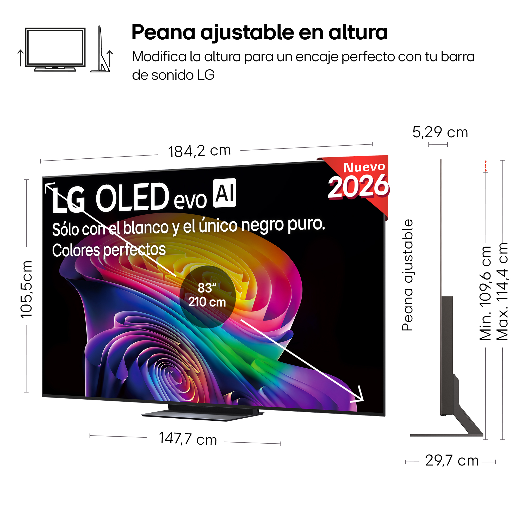 LG OLED TV con peana ajustable, 184,2 cm de ancho, 105,5 cm alto.