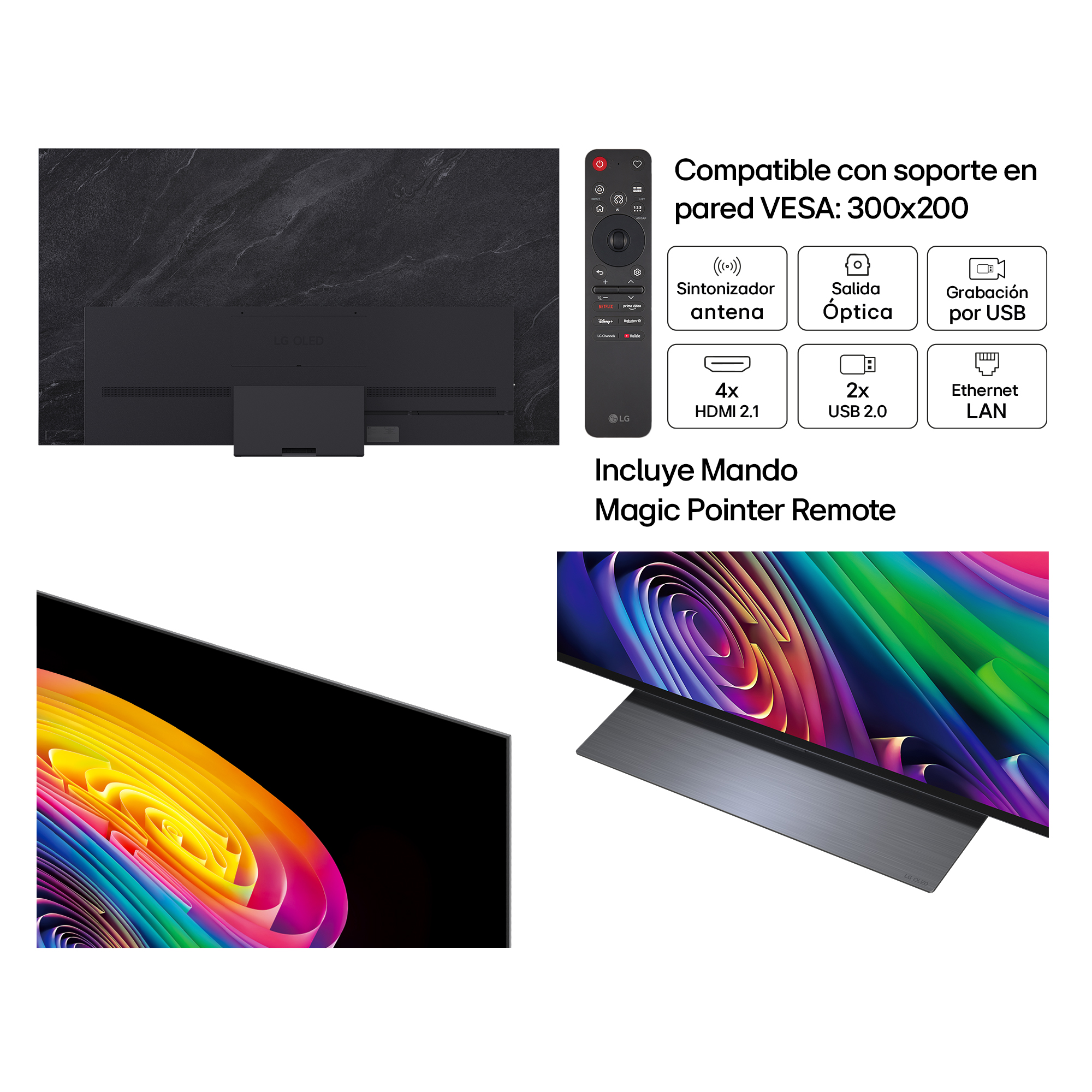 LG OLED TV con mando, soporte VESA y puertos.