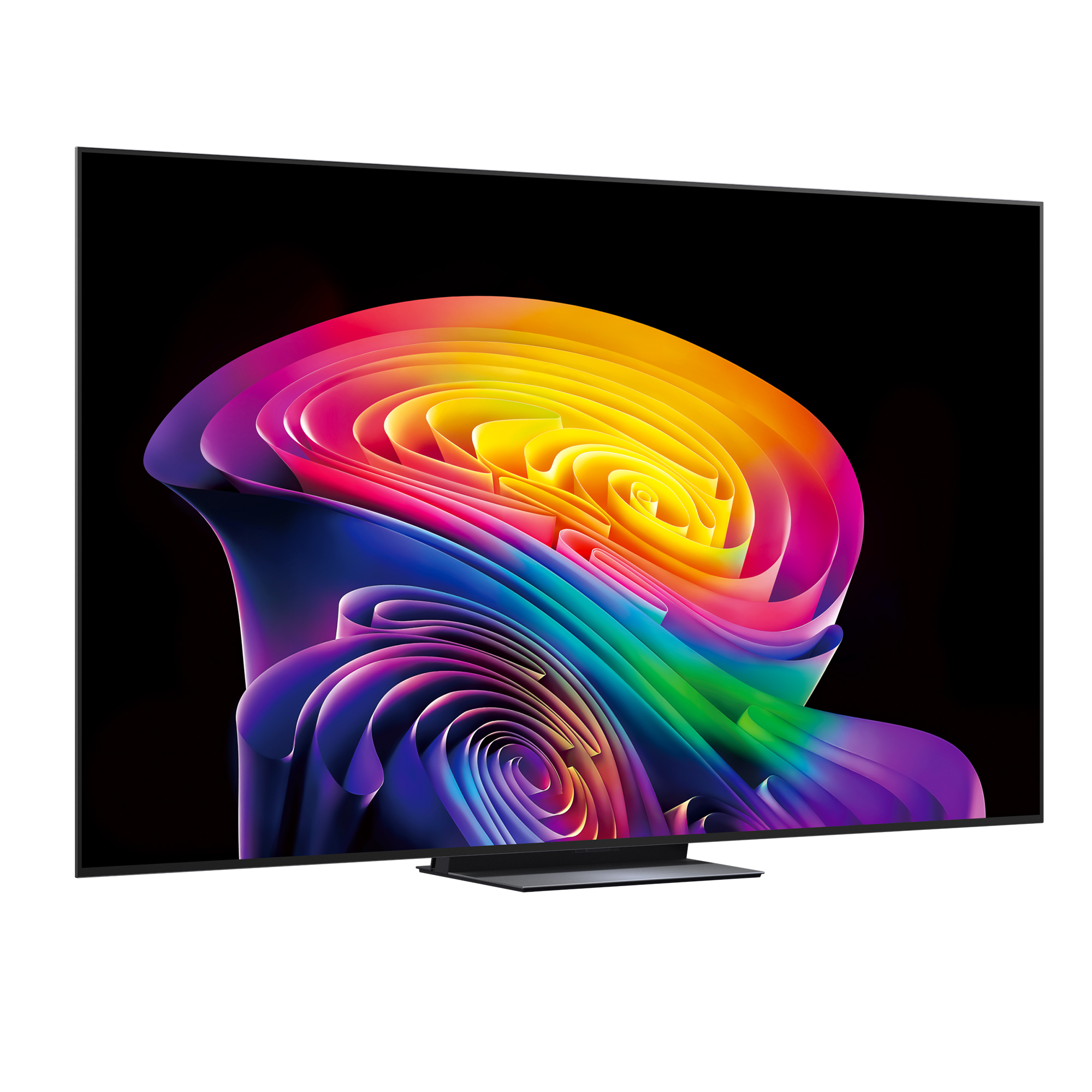 Un televisor moderno que muestra un fondo abstracto y colorido en su pantalla.