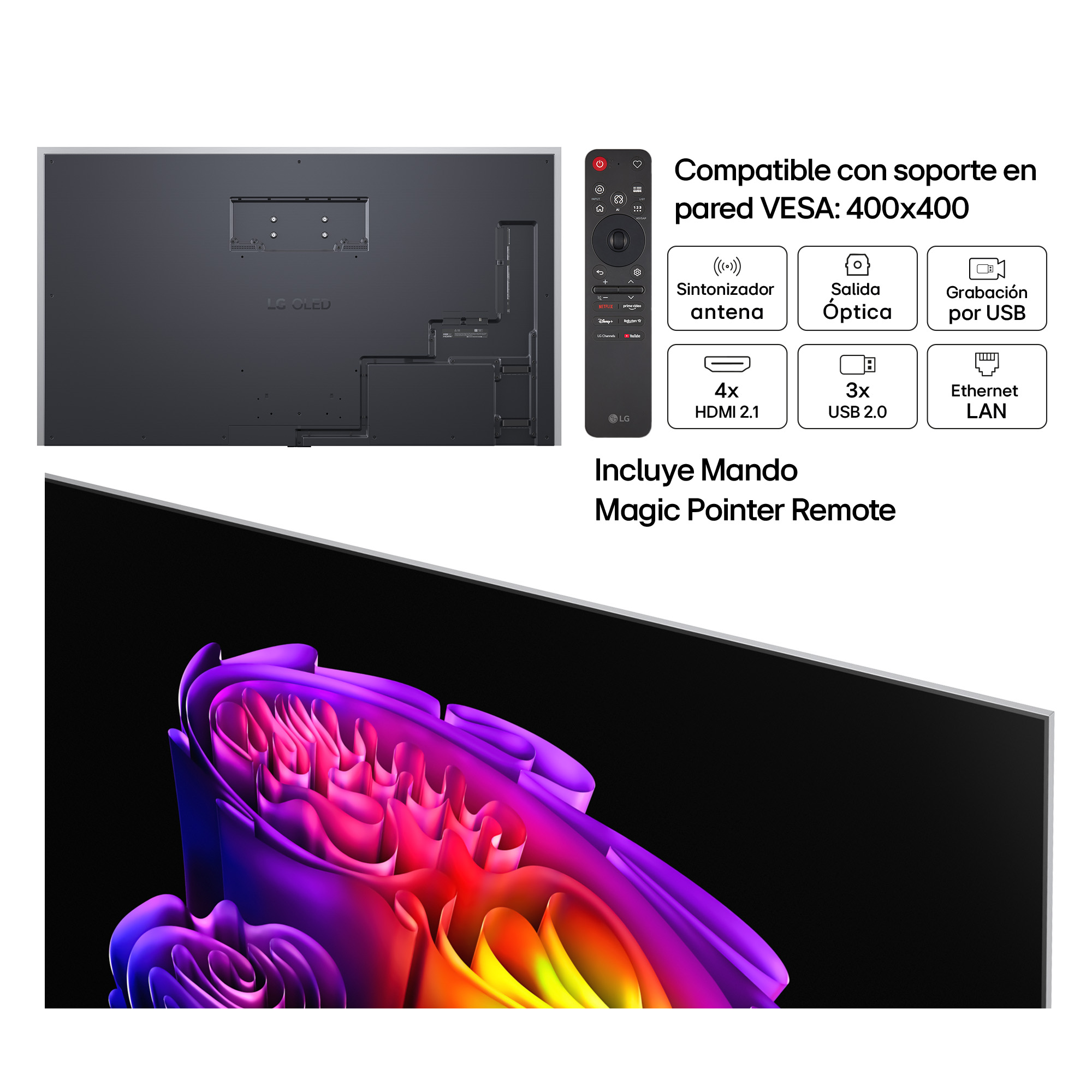 Parte trasera de TV LG OLED mostrando puertos, control remoto y características.