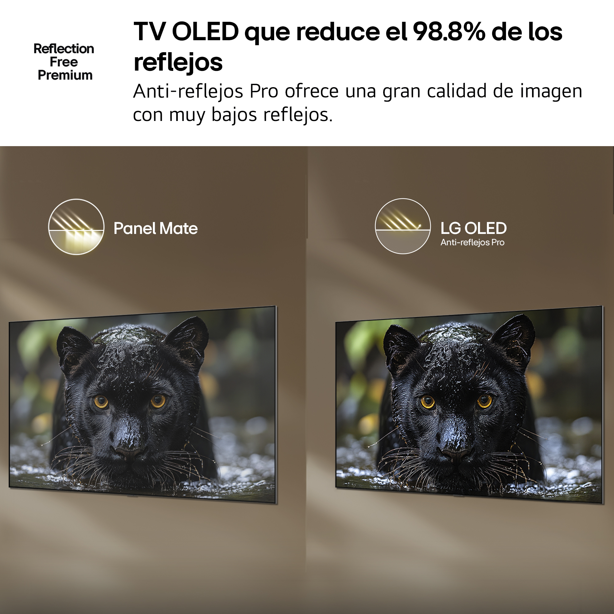 TV OLED que reduce el 98.8% de los reflejos. Anti-reflejos Pro ofrece una gran calidad de imagen con muy bajos reflejos.