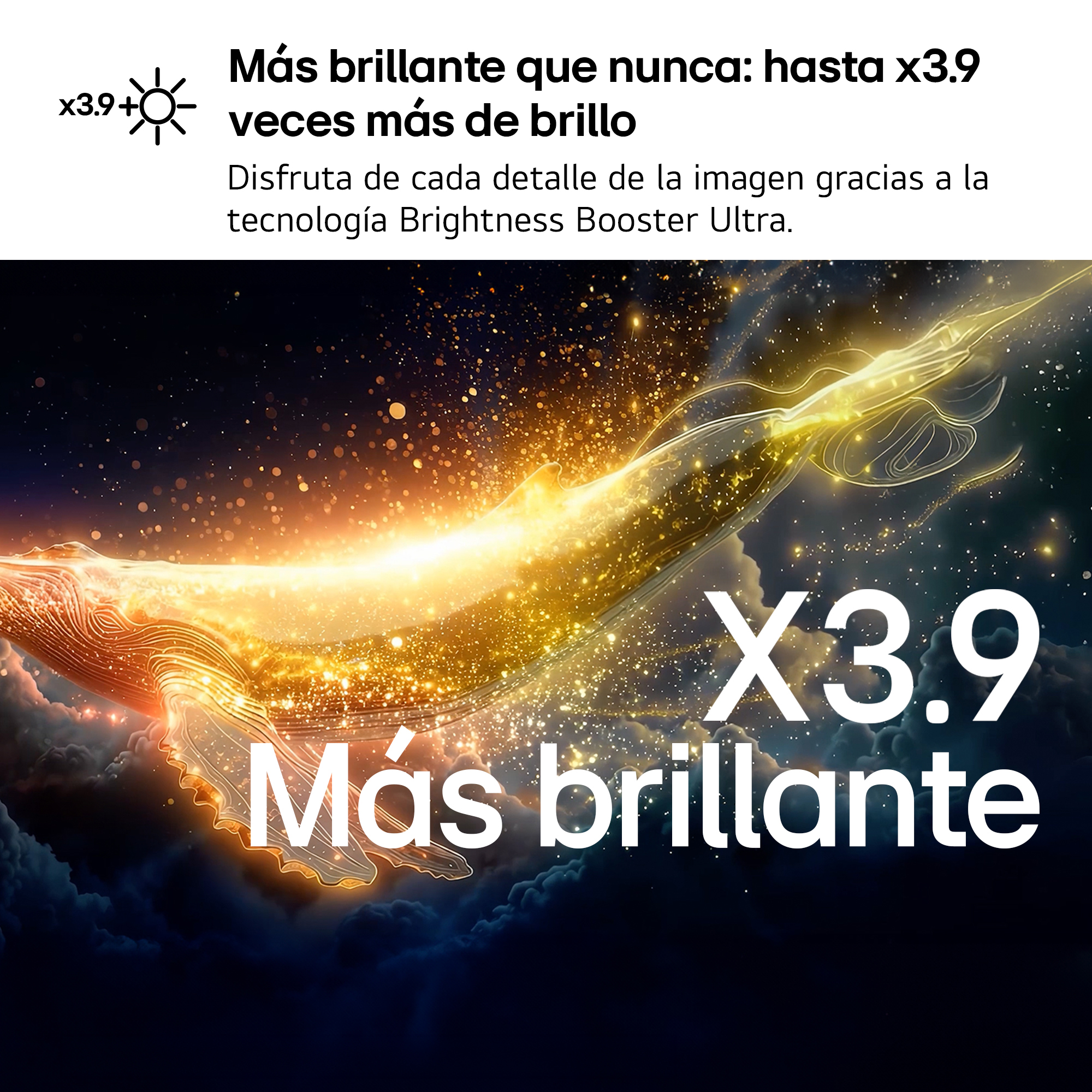 Una ballena brillante con partículas de brillo y texto.