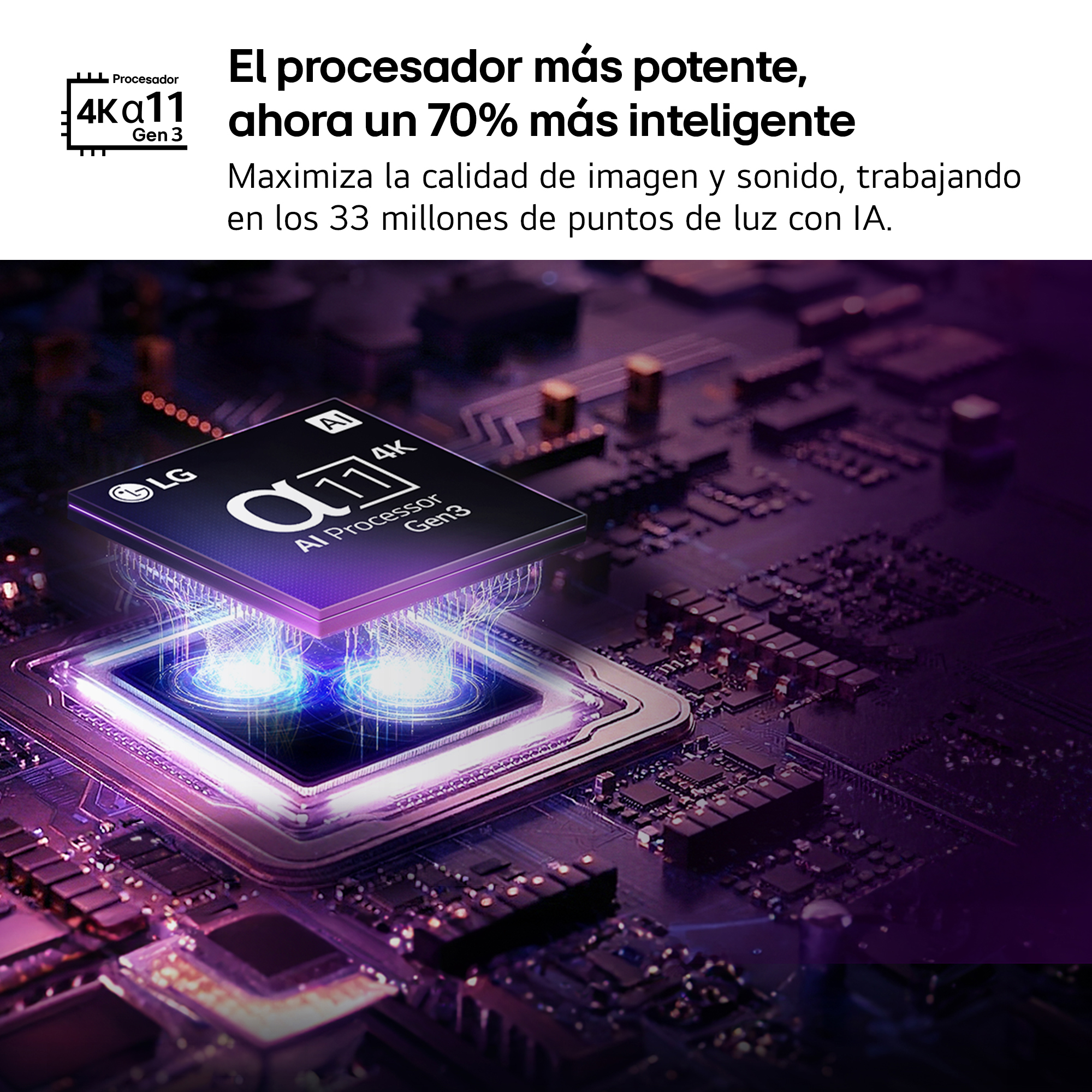 El procesador más potente, ahora un 70% más inteligente. Maximiza la calidad de imagen y sonido, trabajando en los 33 millones de puntos de luz con IA.