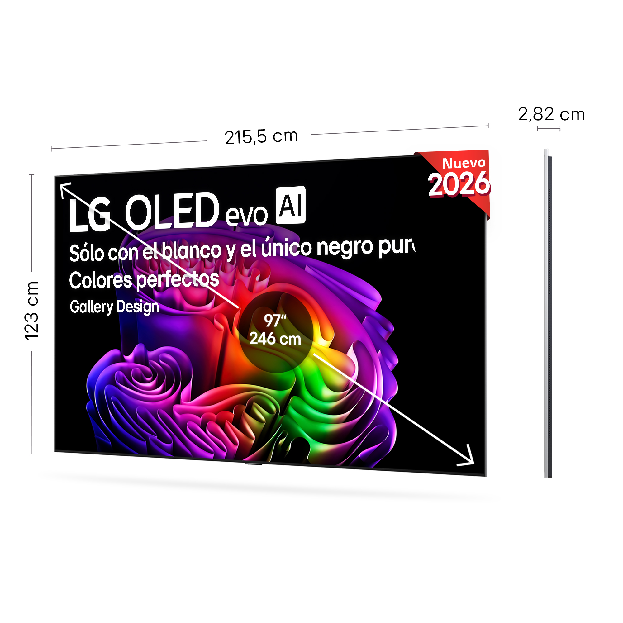 TV LG OLED evo AI, 215,5 cm ancho, 123 cm alto, 2,82 cm prof.