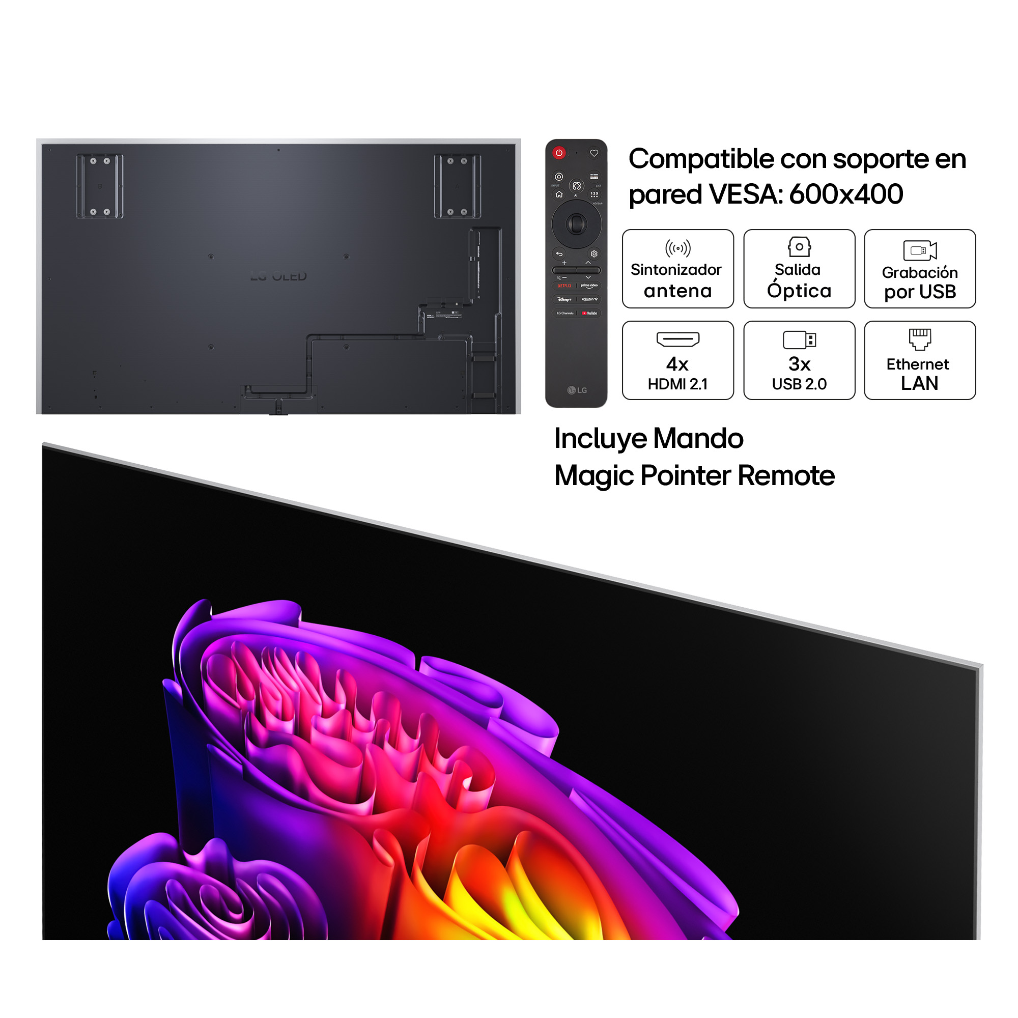 Parte trasera de un TV LG OLED con puertos, mando y características.