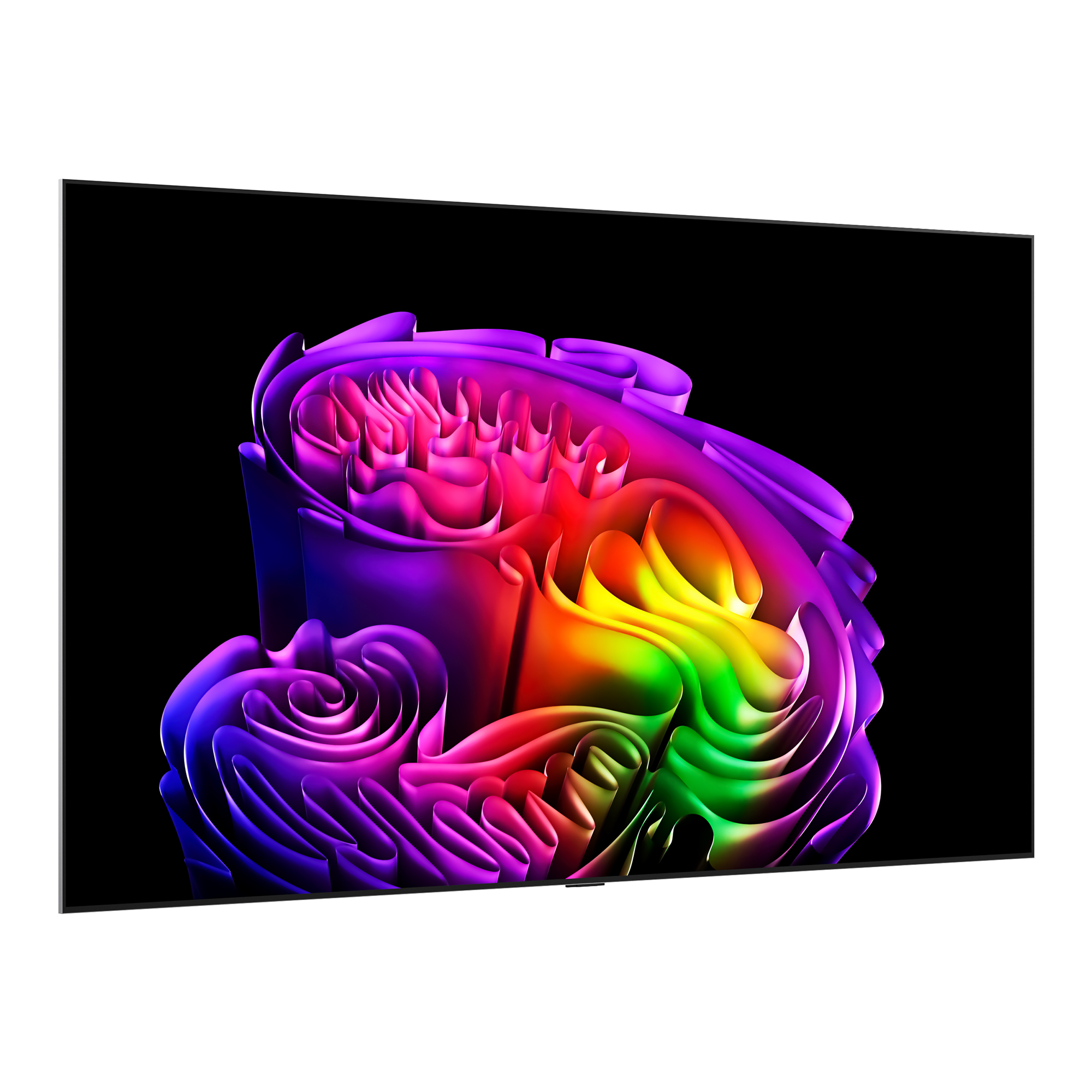 Cintas abstractas de colores del arco iris retorcidas en forma de rosa sobre fondo negro.