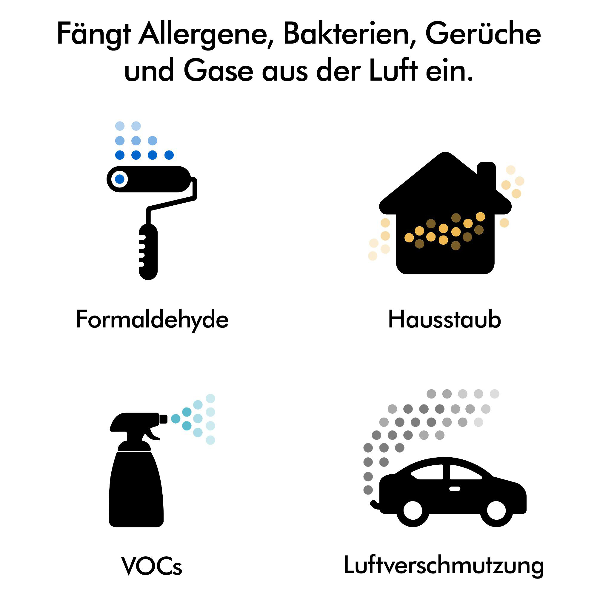 Icons: paint roller (Formaldehyde), house (dust), spray bottle (VOCs), car (pollution).