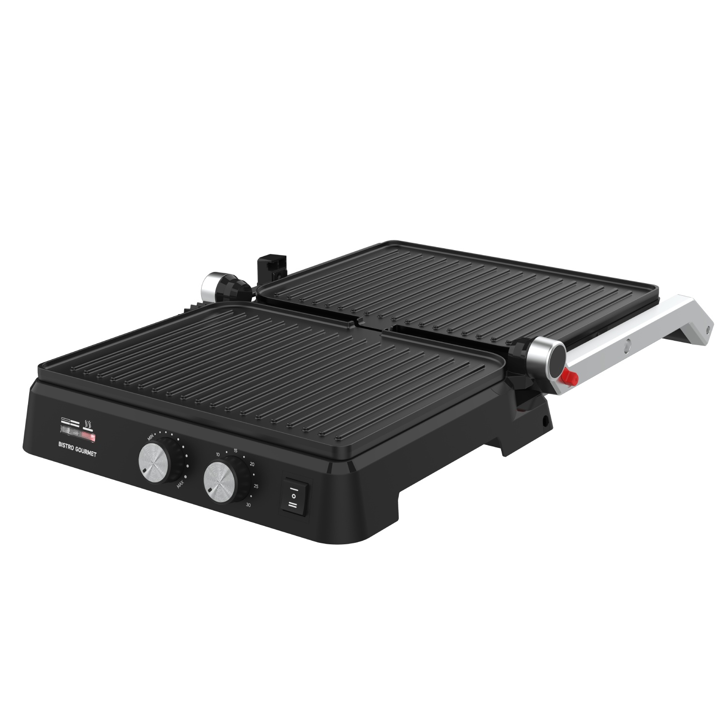 Parrilla eléctrica negra con dos placas acanaladas, mandos y un interruptor.