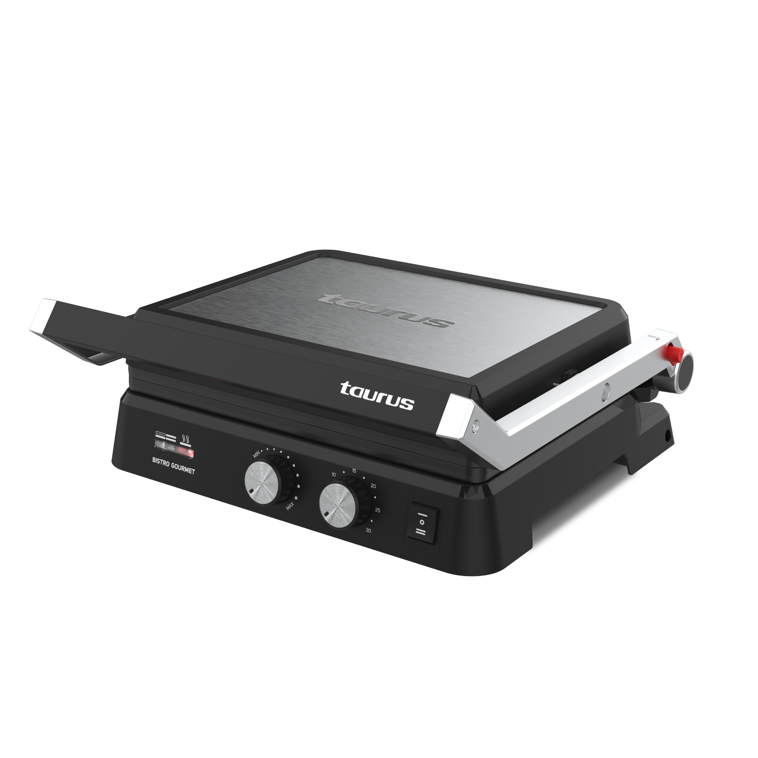 Una parrilla de contacto negra con detalles plateados y mandos.