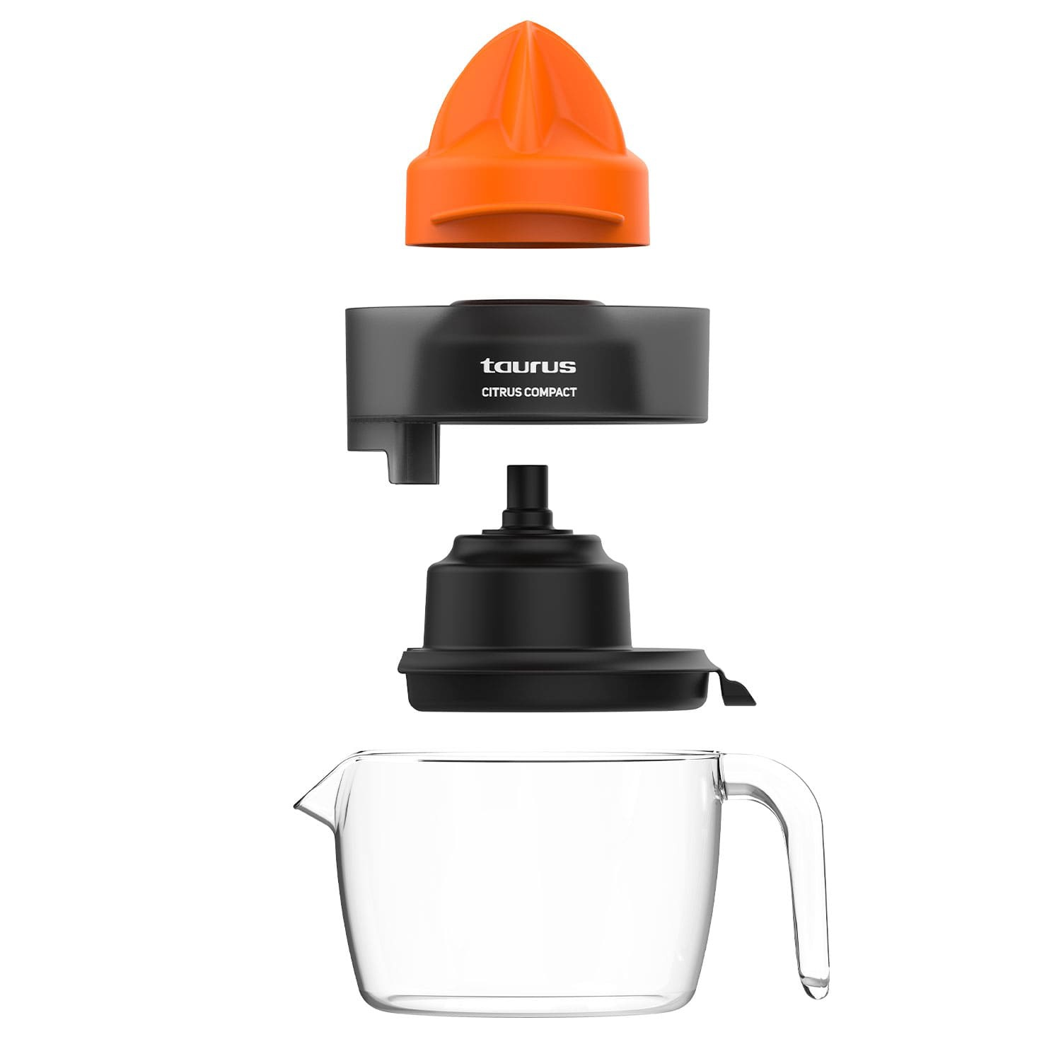 Partes de exprimidor Taurus Citrus Compact: exprimidor naranja, base motor negra y jarra cristal.
