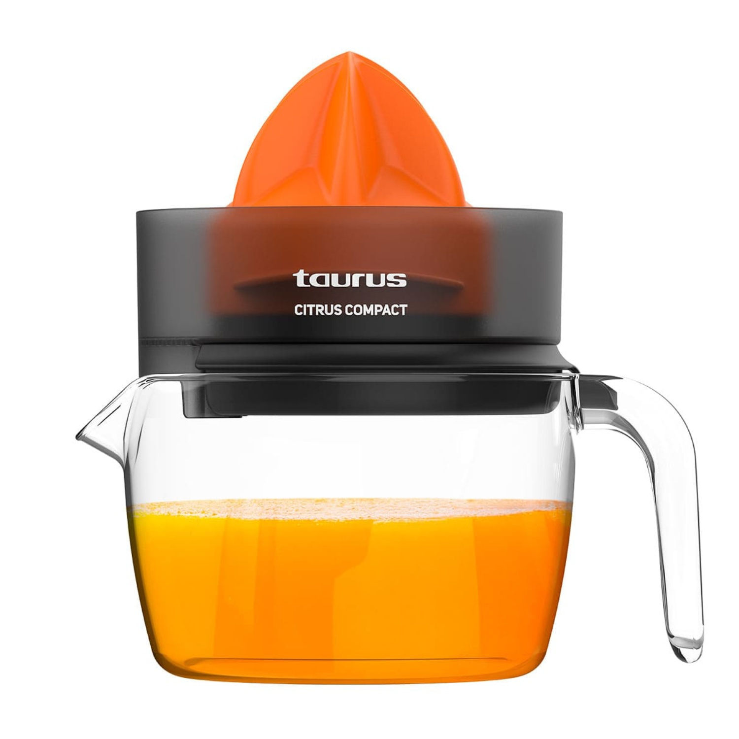 Un exprimidor de cítricos naranja con base negra y jarra de cristal con zumo de naranja.