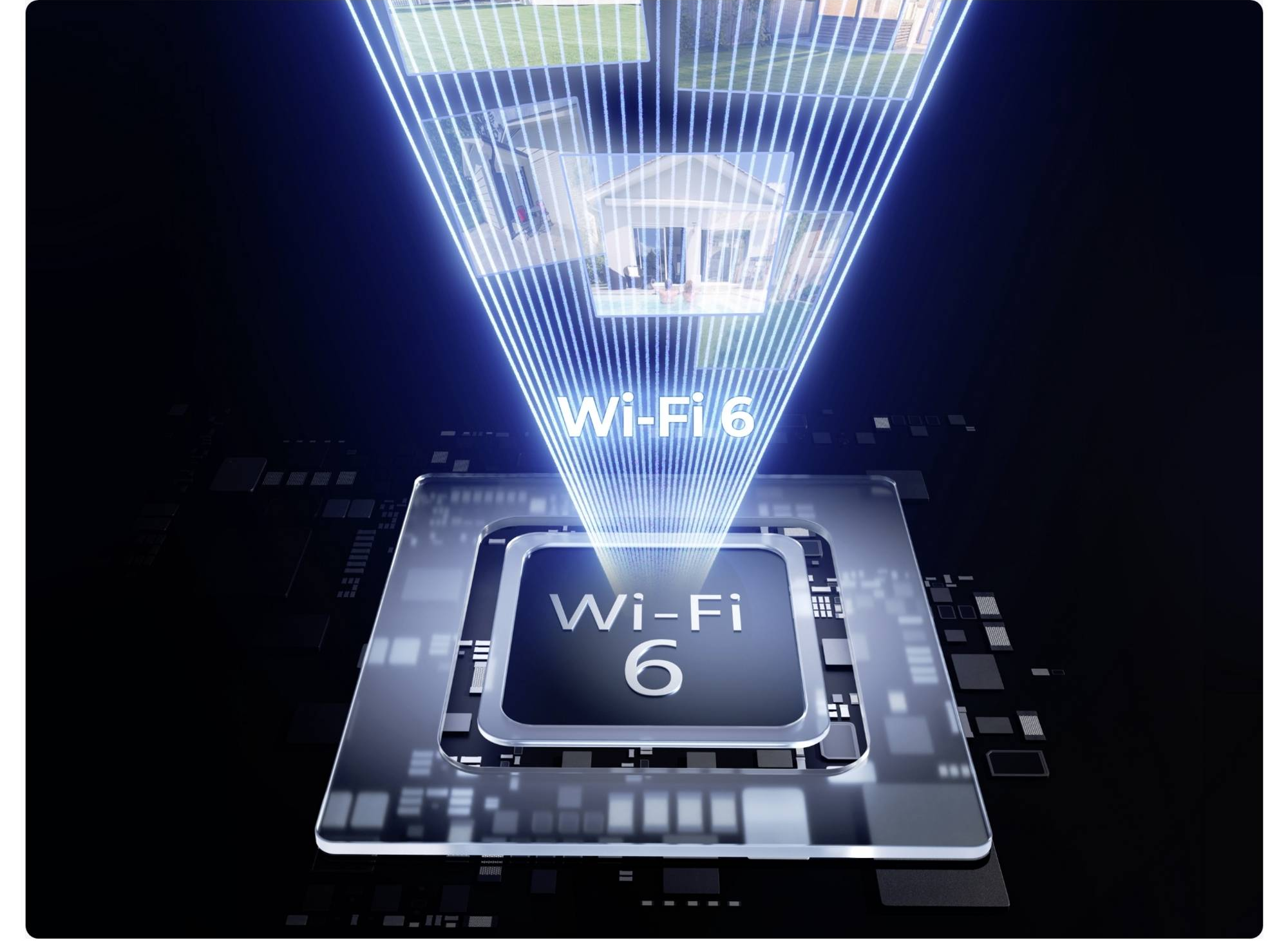 Egy Wi-Fi 6 chip házakról és medencéről vetít képeket.