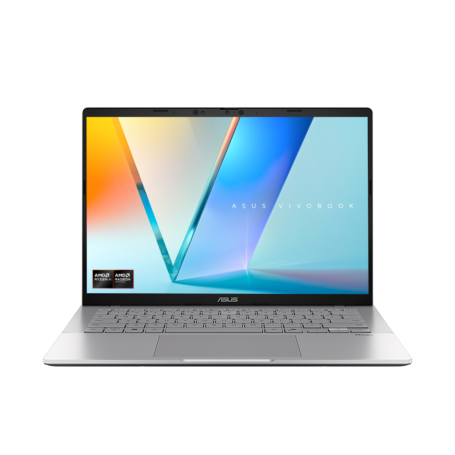 Un portátil Asus Vivobook plateado con teclado retroiluminado y logos AMD.