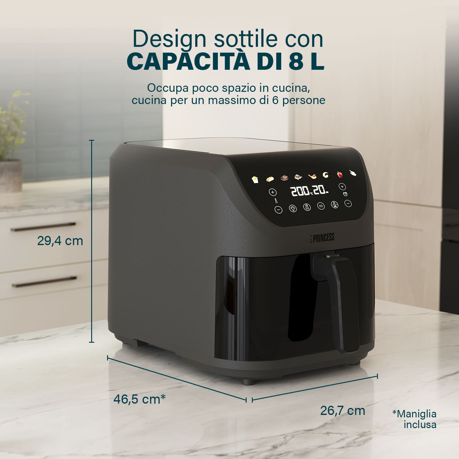 Friggitrice ad aria grigia con display digitale e icone di cottura. Dimensioni indicate.