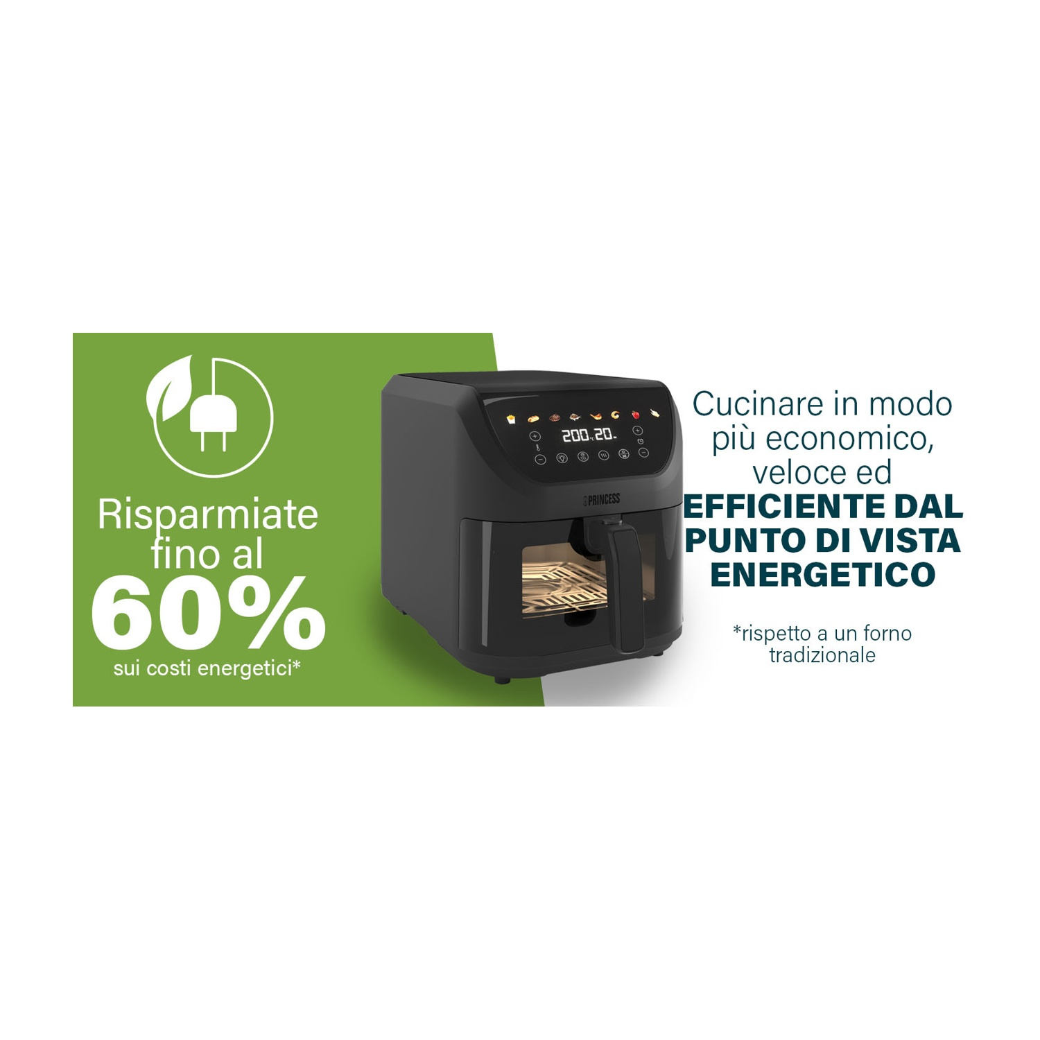 Una friggitrice ad aria nera con display digitale. Pannello verde a sinistra con simbolo risparmio energetico e 60%.