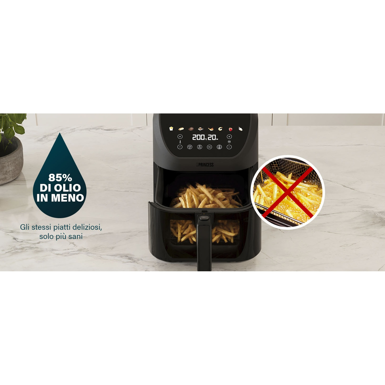Friggitrice ad aria nera con patatine e simbolo goccia d'olio.