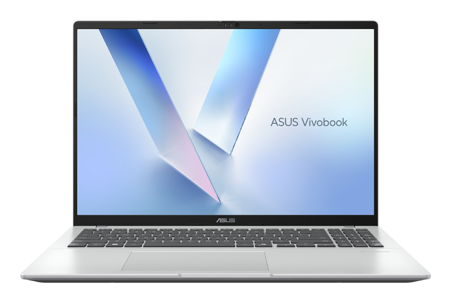 Un portátil plateado con pantalla y teclado ASUS Vivobook iluminados.