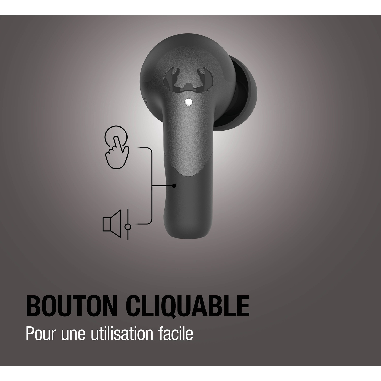 Un écouteur noir avec des icônes de commande tactile et de haut-parleur.
