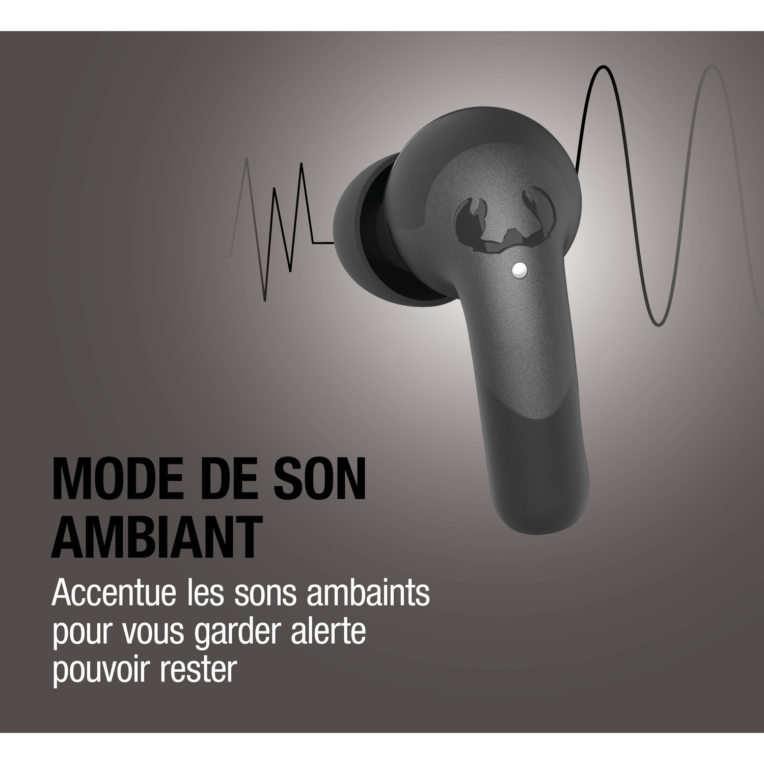 Écouteur noir avec ondes sonores et texte sur fond gris.