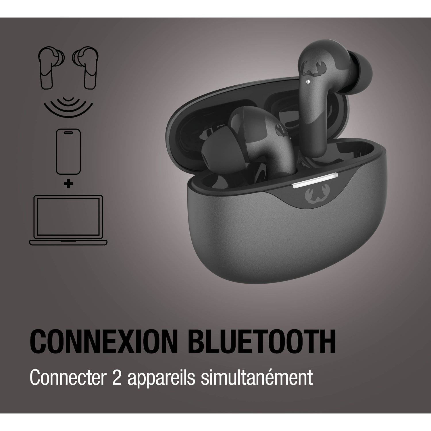 Écouteurs sans fil noirs dans un étui de chargement, avec icônes Bluetooth, téléphone et ordinateur.