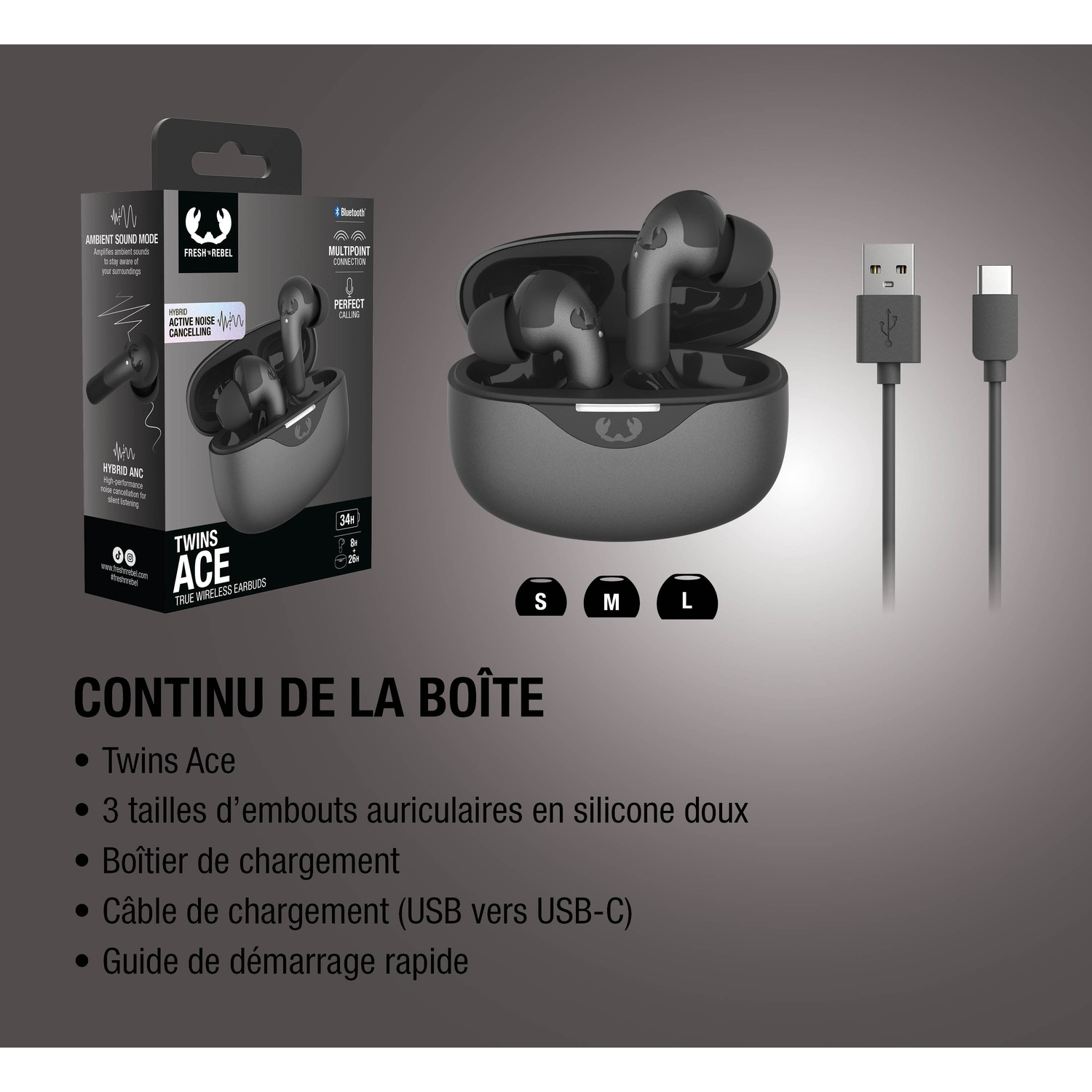 Écouteurs noirs Fresh Rebel Twins Ace dans leur étui, avec câble et boîte.
