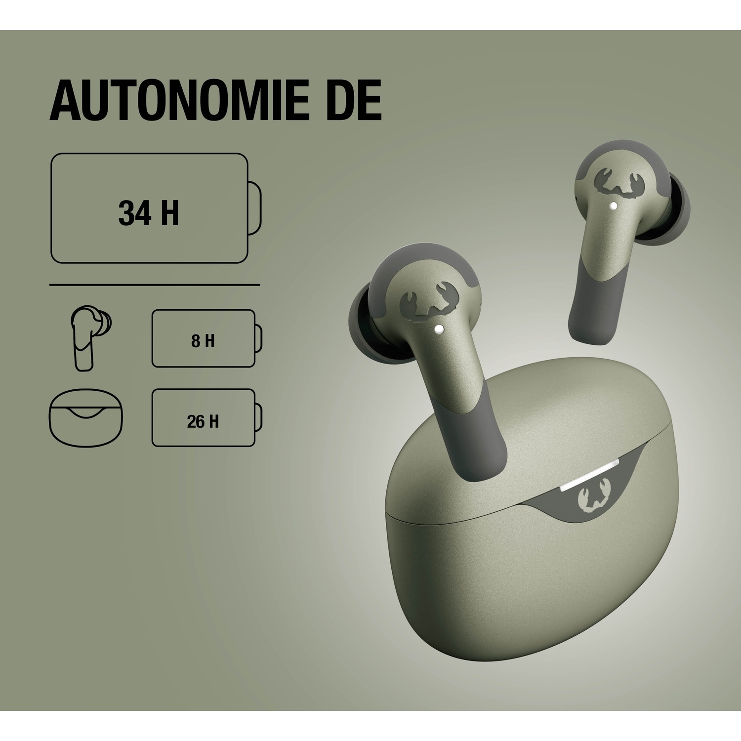Écouteurs sans fil verts avec étui de chargement et indicateurs d'autonomie.