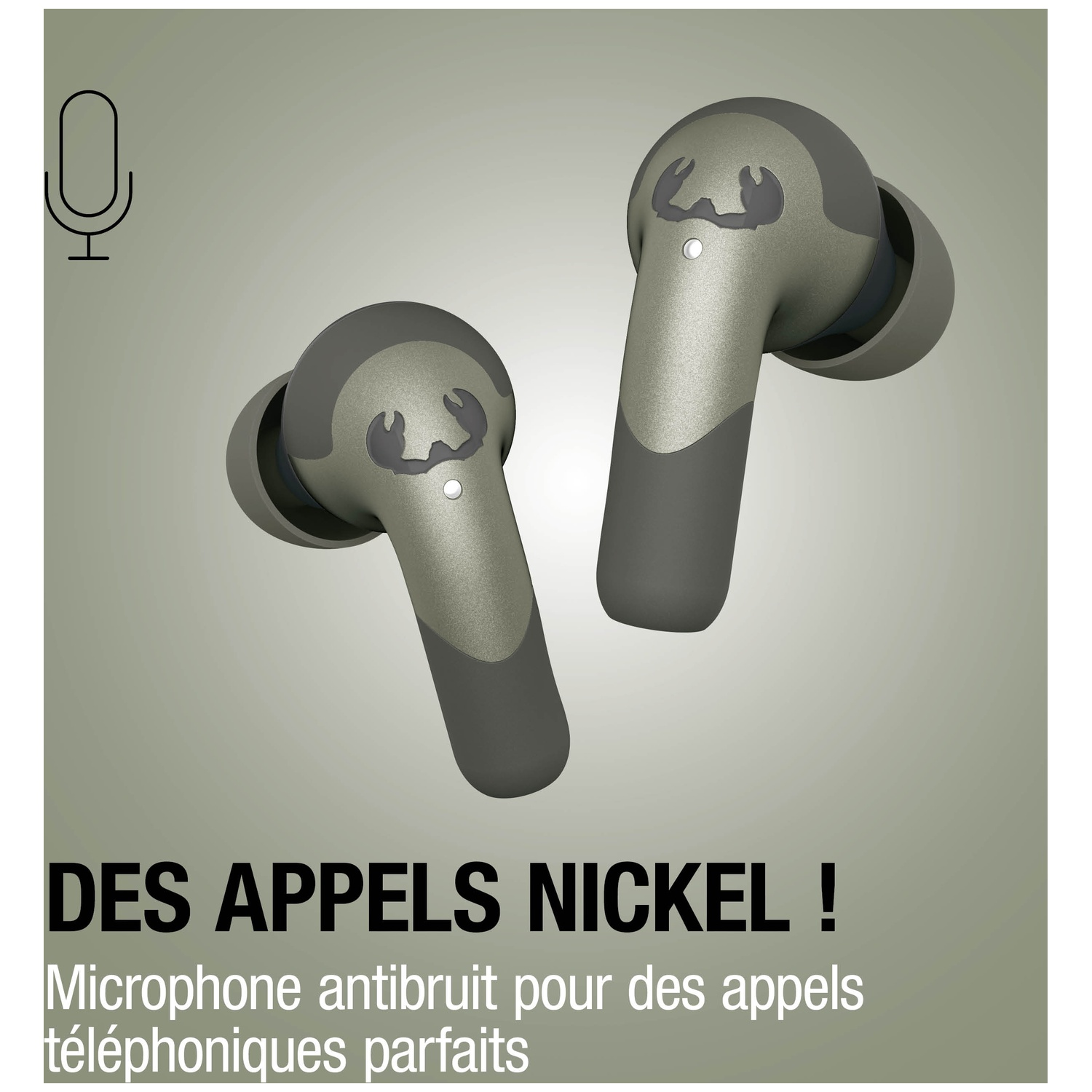 Écouteurs camouflage gris avec icône micro et texte.
