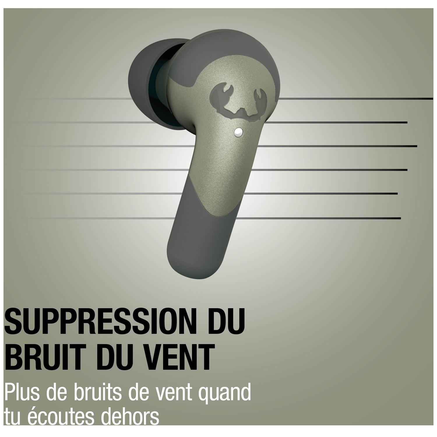 Un écouteur gris et vert avec réduction du bruit du vent.