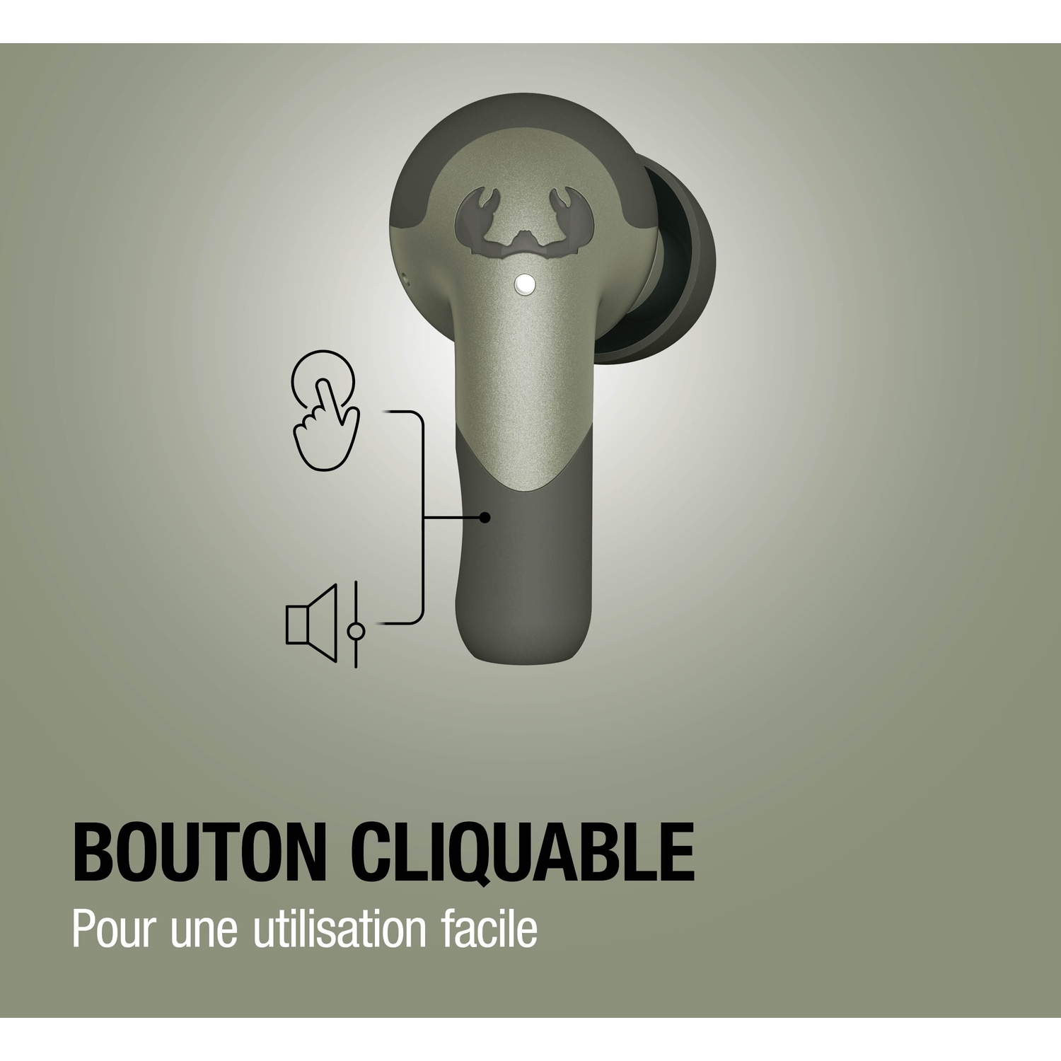 Écouteur vert et gris avec icônes tactile et son. Texte: Bouton.
