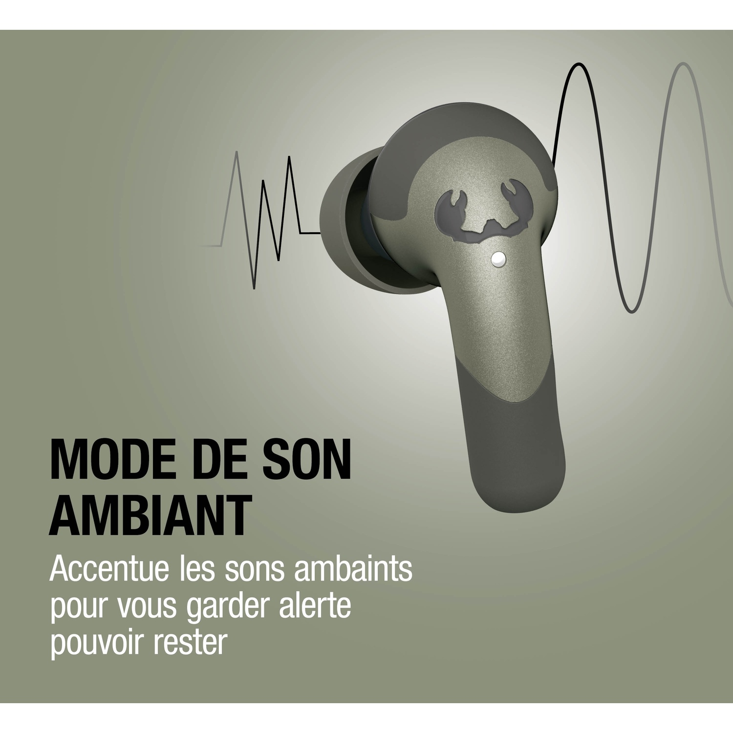 Un écouteur camouflage avec une icône sonore et des lignes d'onde à côté.