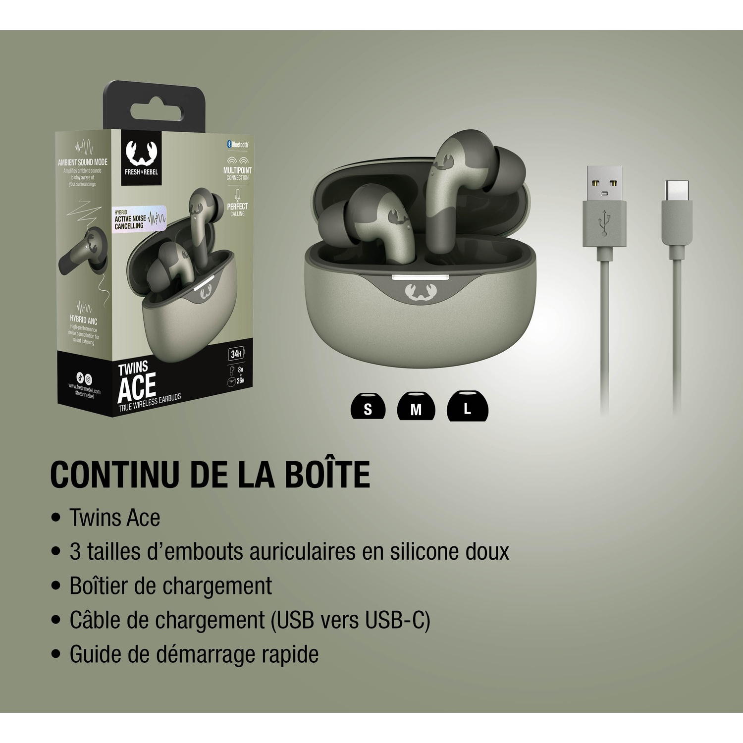 Écouteurs verts et étui de chargement avec câble USB-C à côté.