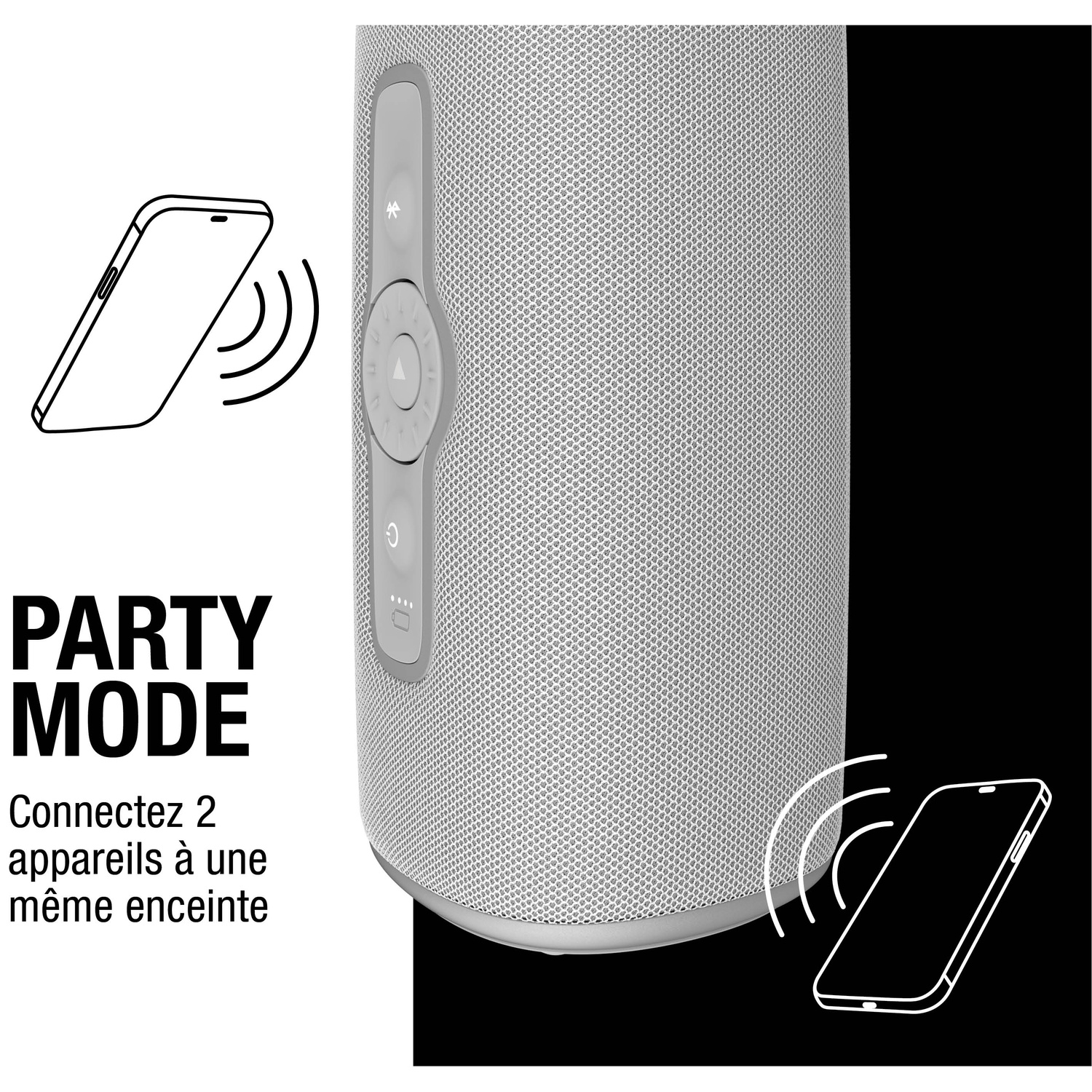 Enceinte grise avec deux smartphones connectés en mode fête.