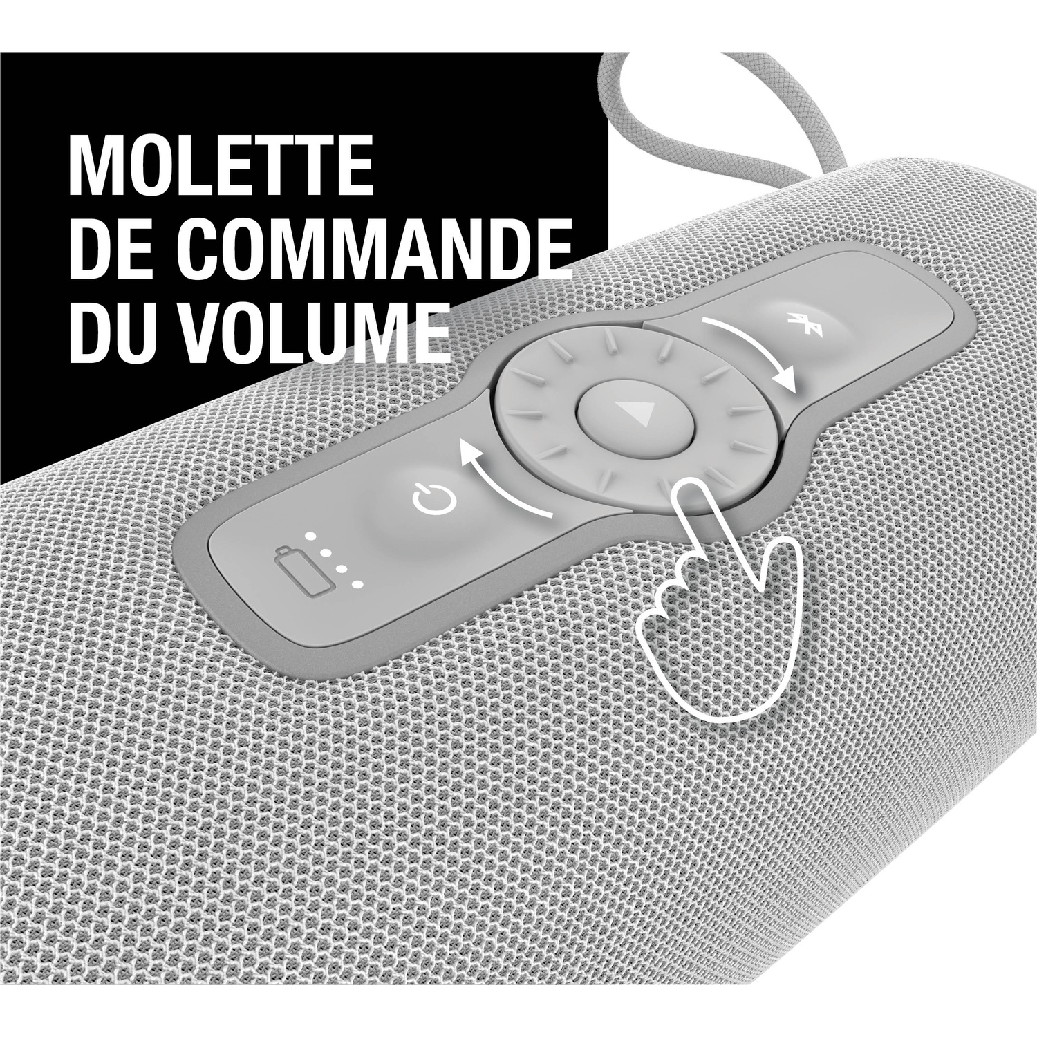 Haut-parleur gris avec molette de contrôle du volume et boutons tactiles.