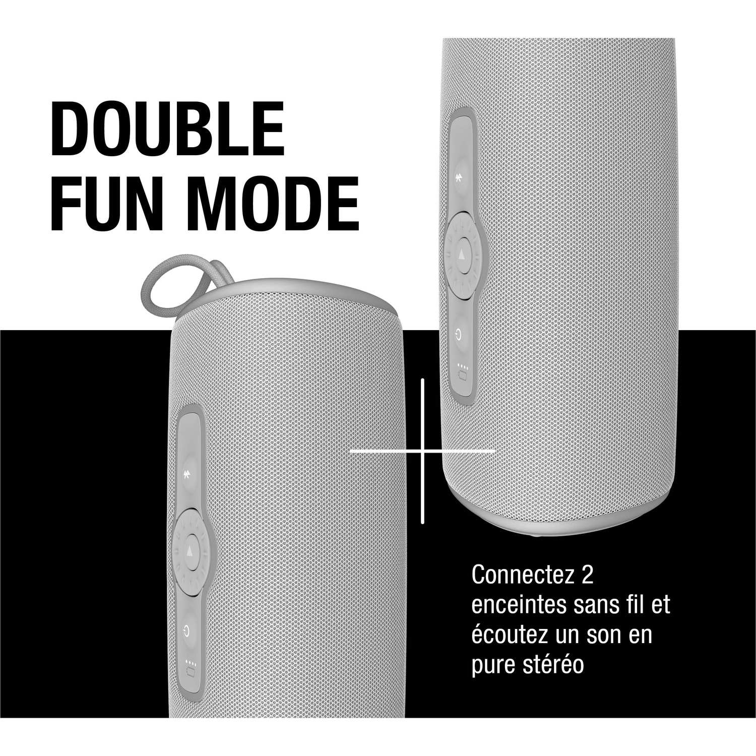Deux haut-parleurs gris connectés pour le mode double plaisir.