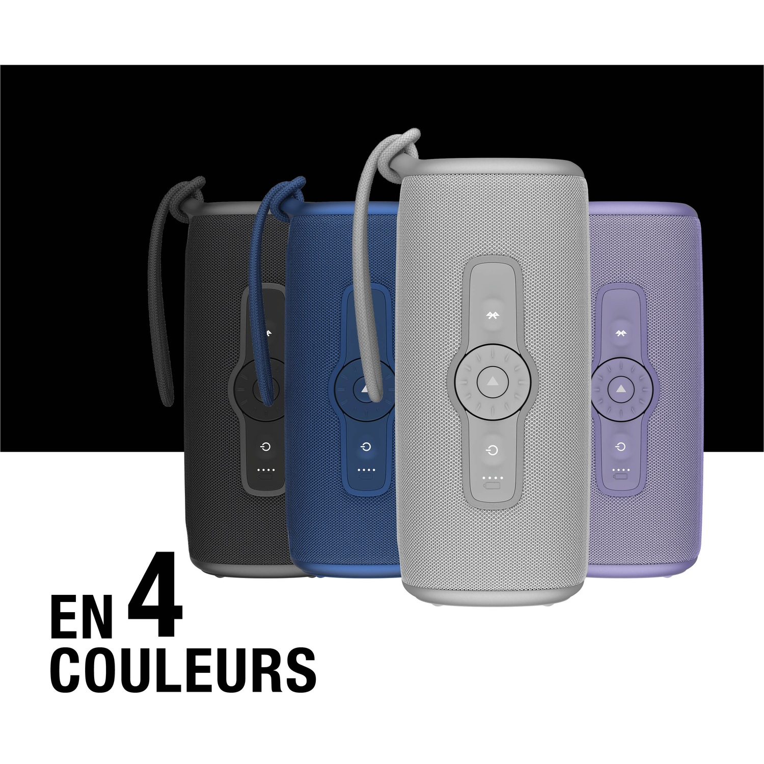 Quatre haut-parleurs Bluetooth gris, bleus, gris clair et violets.