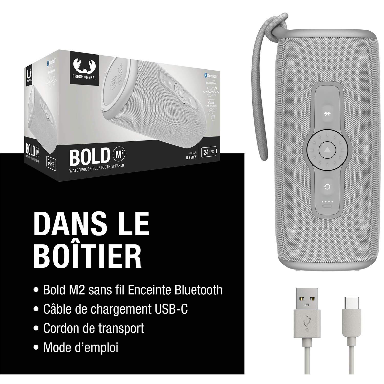 Enceinte Bluetooth grise avec emballage et accessoires, câble et câble USB-C inclus.