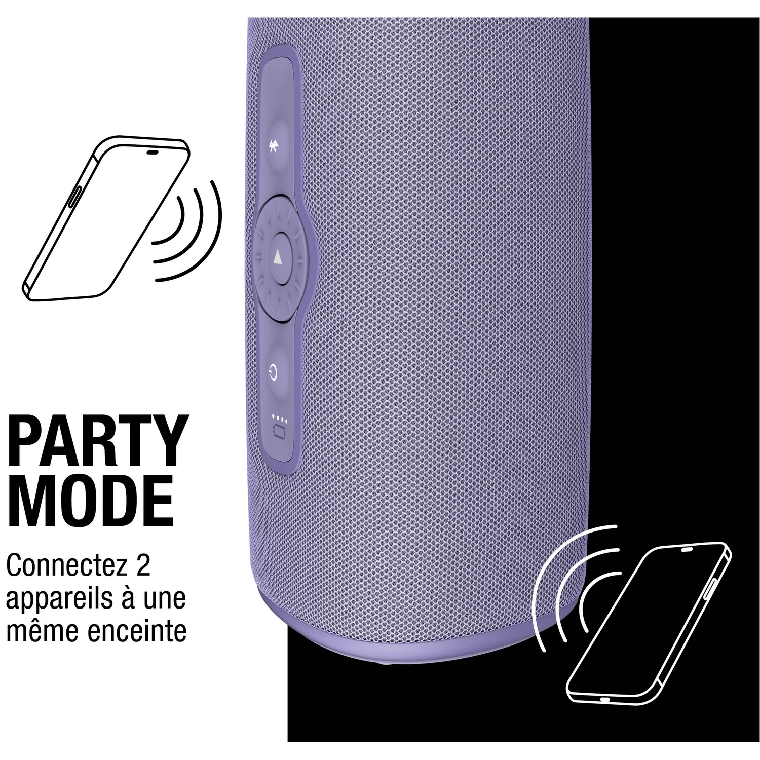Enceinte violette avec panneau de commande et deux icônes de téléphone indiquant la connexion.