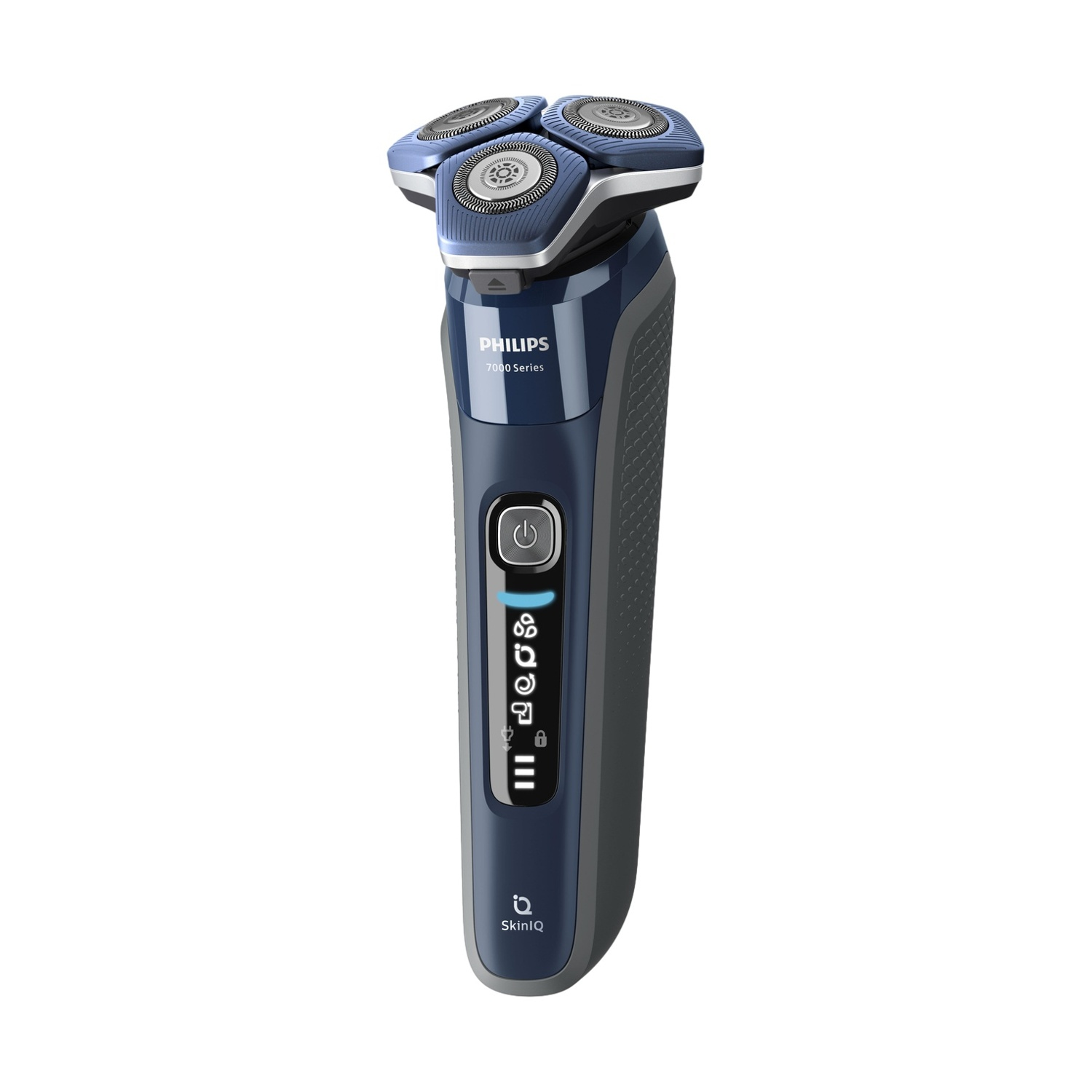 Un rasoio Philips blu scuro Serie 7000 con tre testine rotanti.