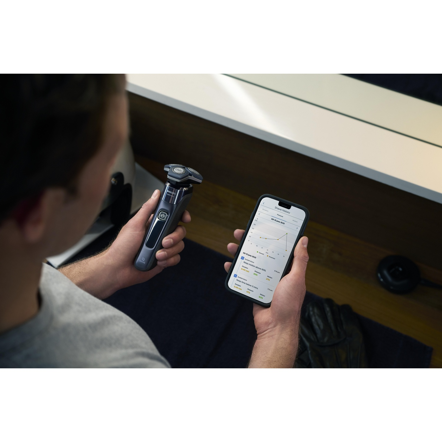 Uomo tiene rasoio elettrico e smartphone con cronologia rasatura.