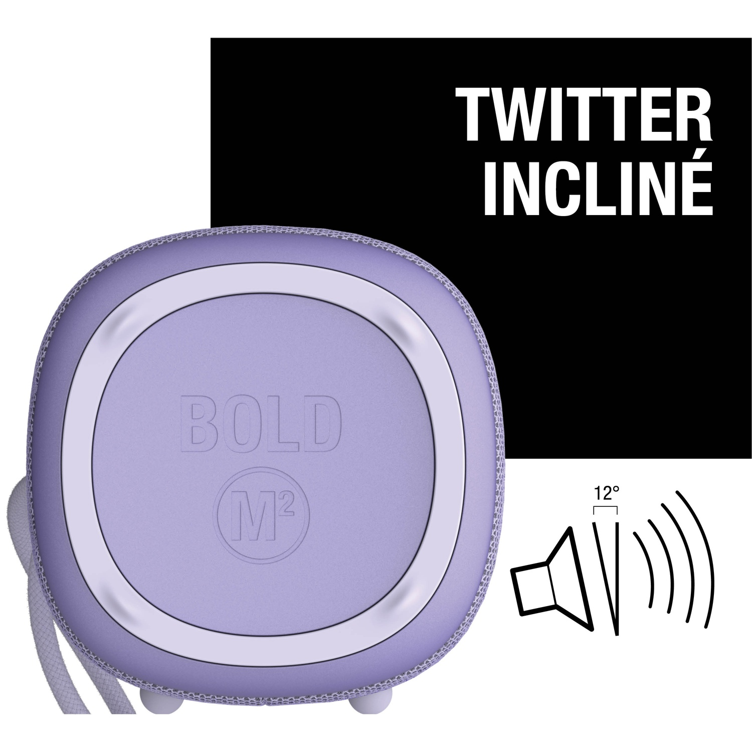 Une enceinte violette avec le texte BOLD M2. À côté, une icône d'enceinte avec 12 degrés.