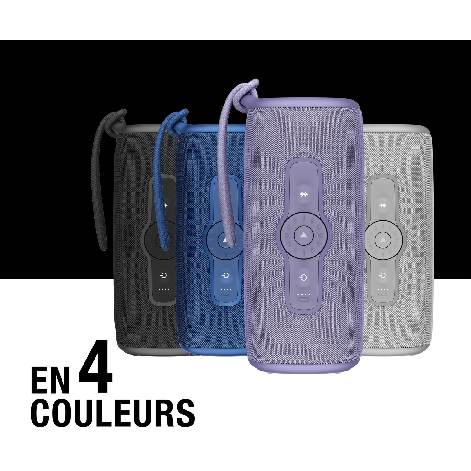 Quatre haut-parleurs cylindriques noirs, bleus, violets et gris avec cordons.