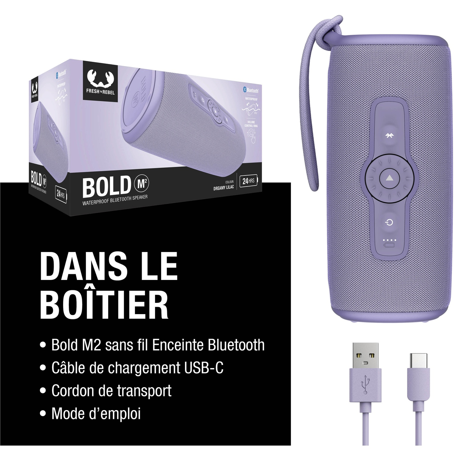 Une enceinte Bluetooth violette avec accessoires et emballage.
