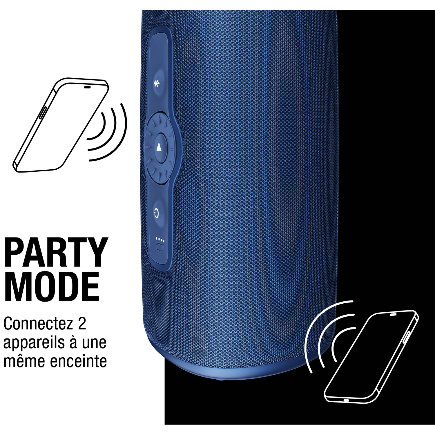 Haut-parleur bleu avec icônes de smartphone indiquant le mode fête.