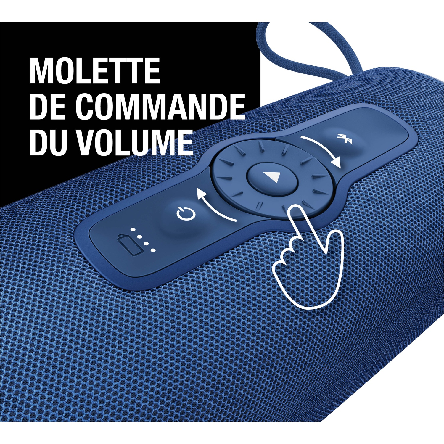 Haut-parleur bleu avec molette de contrôle du volume et icône de doigt.